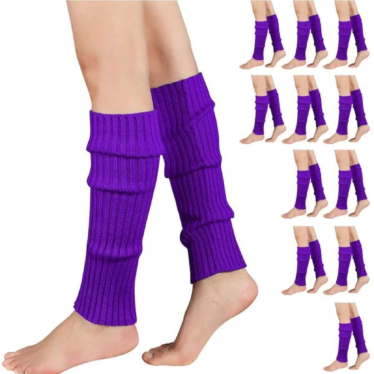 12x LEG WARMERS Knitted Womens Costume Neon Dance Party Knit 80s BULK - Purple